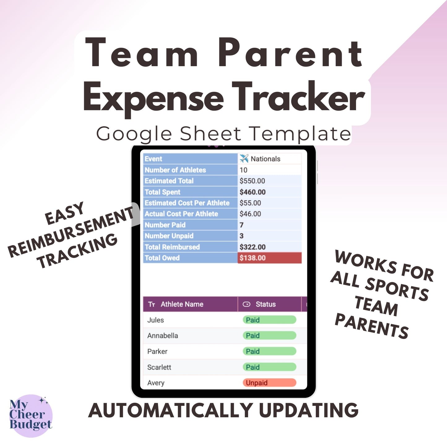 Team Parent Expense Tracker, Wildflower | Google Sheets Template