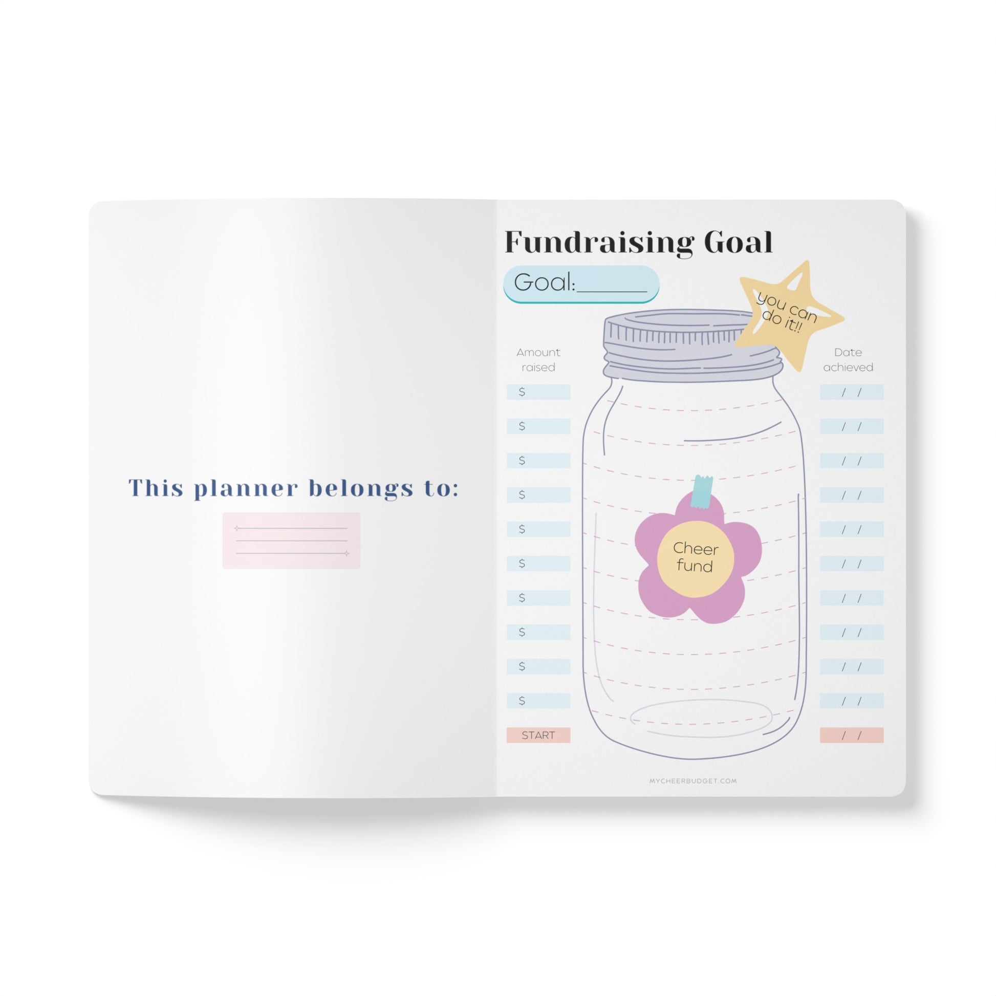 Cute pink 5.75 x 8 inch fundraising planner for cheerleading