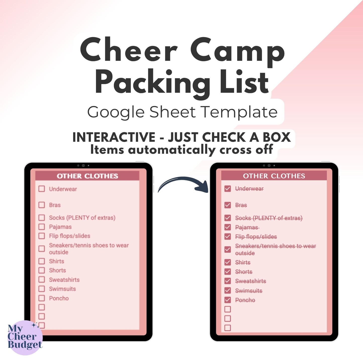 Cheer Camp Packing List, Rose Garden | Google Sheets Template