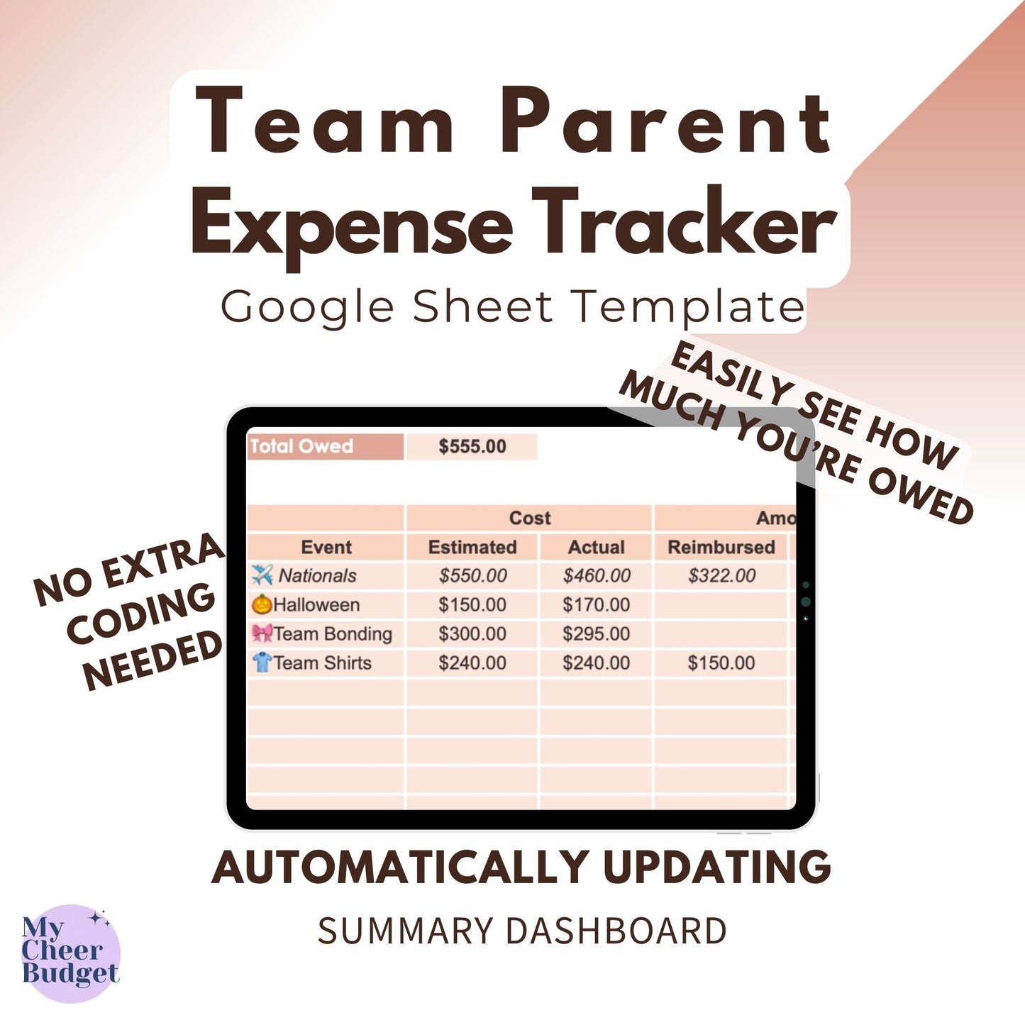 Team Parent Expense Tracker, Terra Cotta | Google Sheets Template
