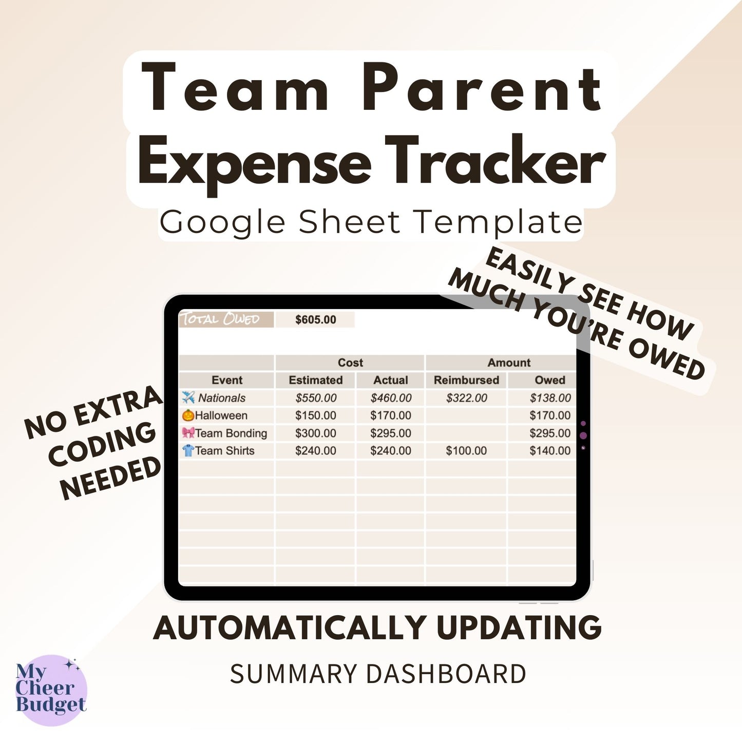 Team Parent Expense Tracker, Driftwood | Google Sheets Template