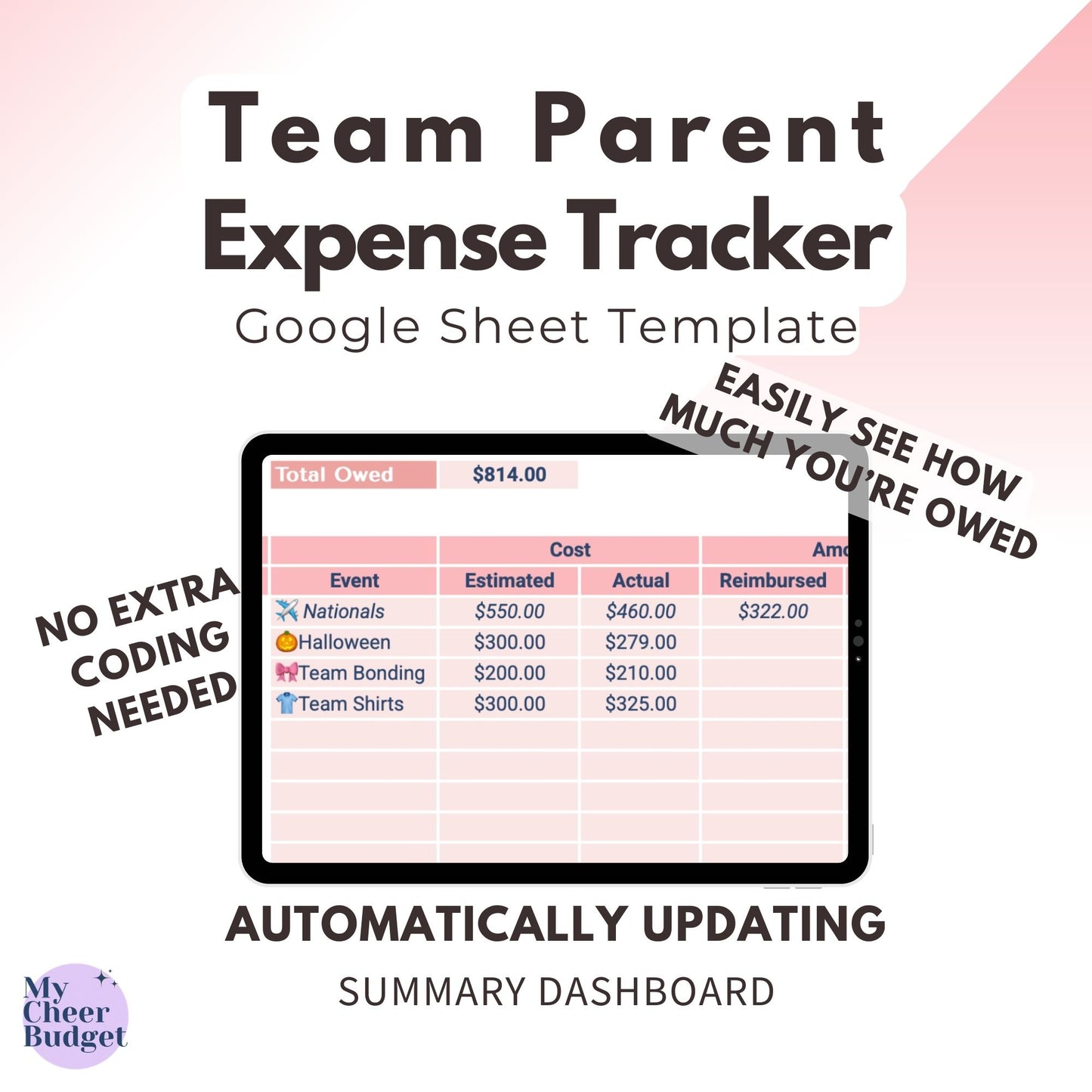 Team Parent Expense Tracker, Rose Garden | Google Sheets Template