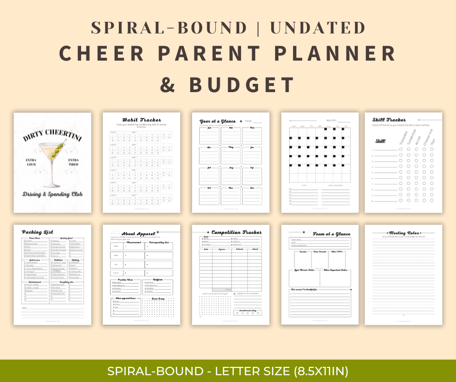 8.5 x 11 inch spiral bound undated planner for cheer moms with dirty martini theme 