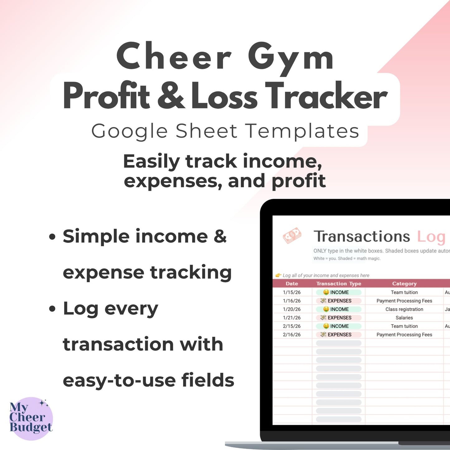 Cheer Gym Profit & Loss Spreadsheet, Rose Garden | Google Sheets Template