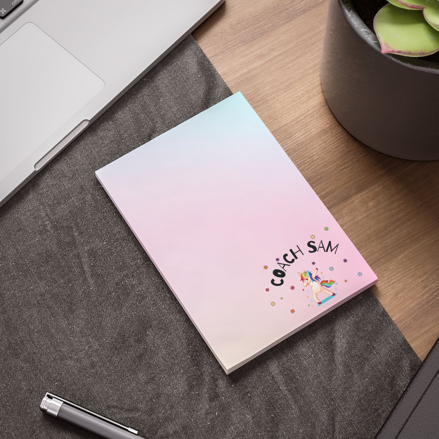 Personalized rainbow unicorn sticky notes with ombre pink and teal colors, perfect for coaches and desk stationery enthusiasts.