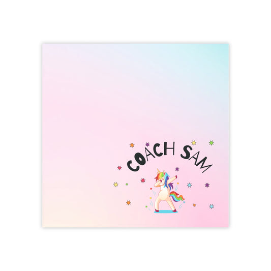 Personalized rainbow unicorn sticky notes with ombre pink and teal colors, perfect for coaches and desk stationery enthusiasts.