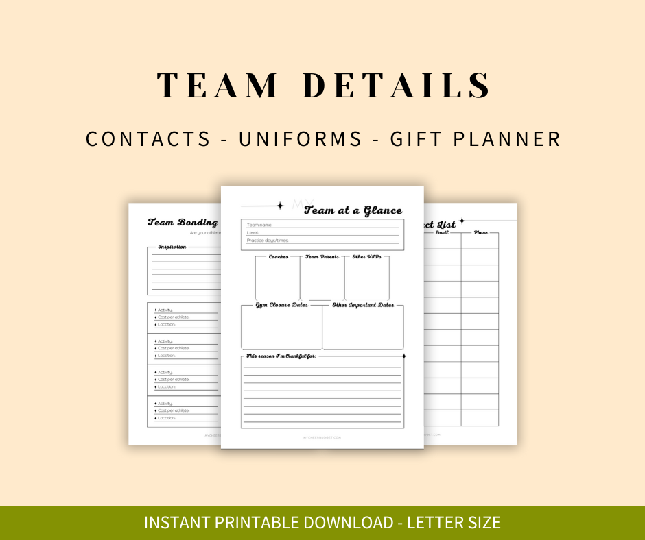 Printable planner for cheer moms with team details