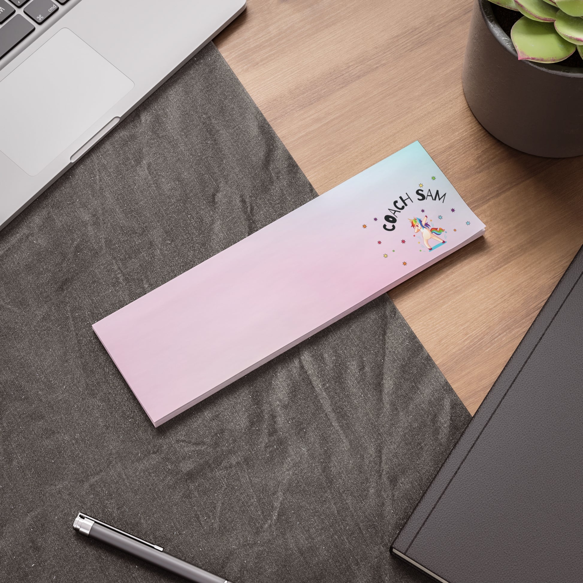 Personalized rainbow unicorn sticky notes with ombre pink and teal colors, perfect for coaches and desk stationery enthusiasts.