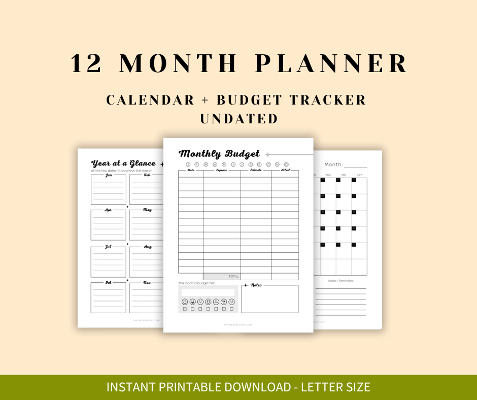 Printable undated planner for cheer moms with budget section 