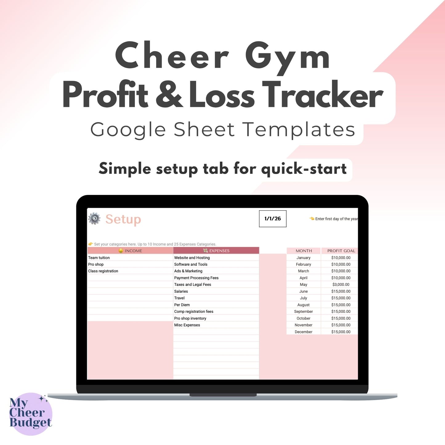 Cheer Gym Profit & Loss Spreadsheet, Rose Garden | Google Sheets Template