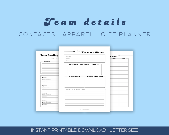 Printable planner for dance parents with sections for organizing team details