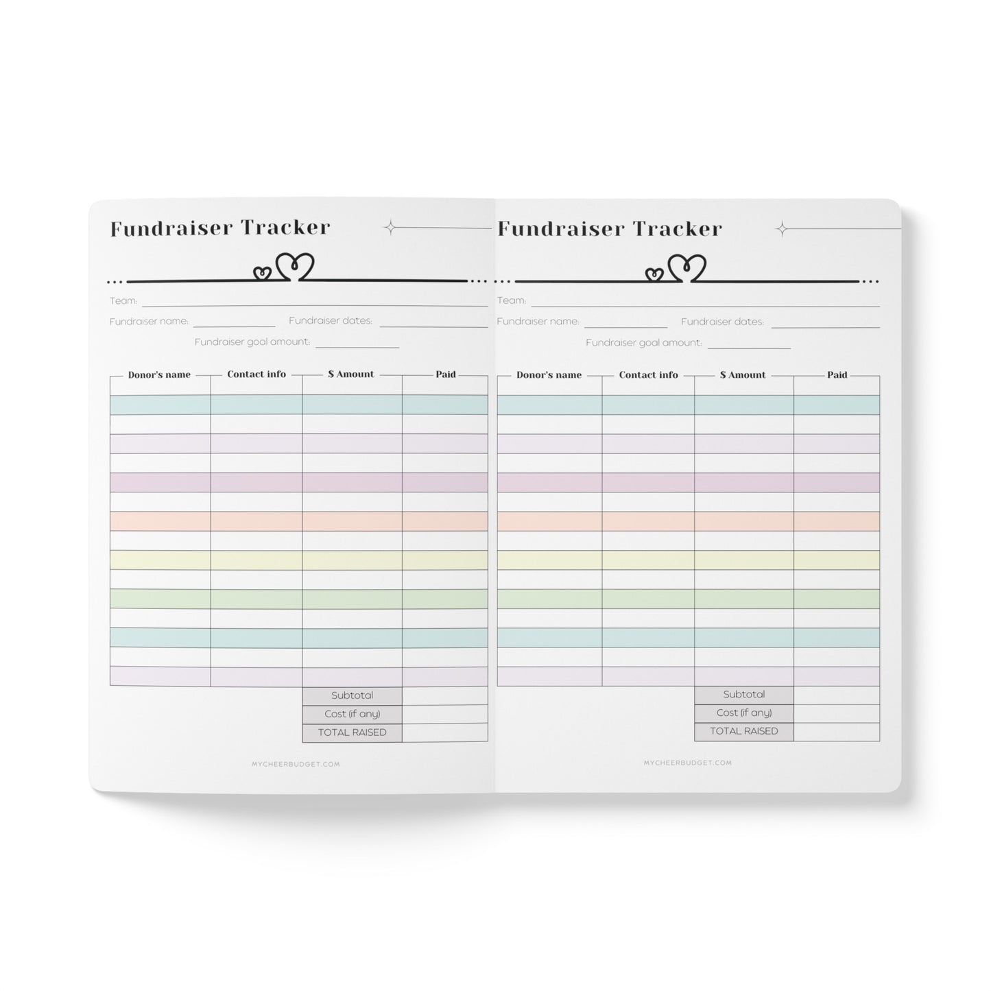 Cute pink 5.5 x 8.5 inch fundraising planner for travel sports