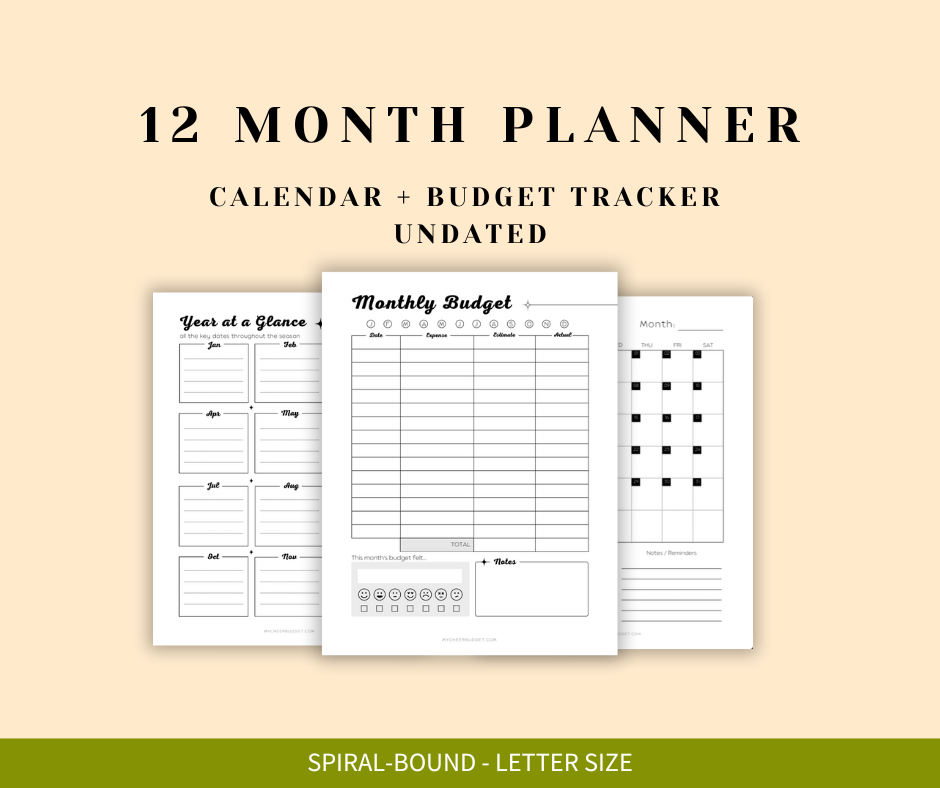 8.5 x 11 inch spiral bound undated planner for cheer moms with budget sections