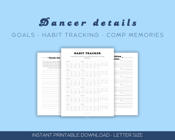 Printable planner for dance parents with sections for dancer details