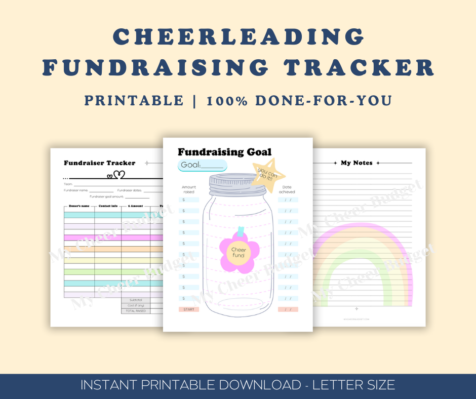 Printable cheer fundraising tracker with sections for goals and progress 