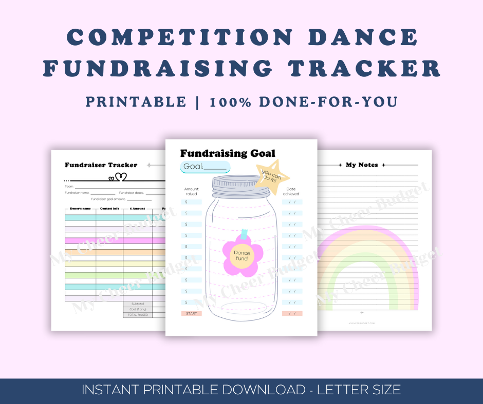 Printable dance fundraising tracker with sections for goals and progress 