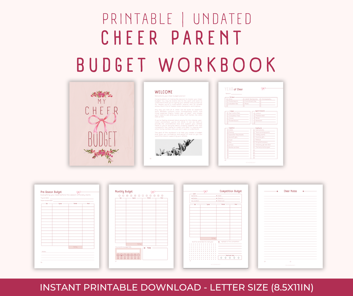 Pink Bow Cheer Parent Budget Workbook | Digital Download