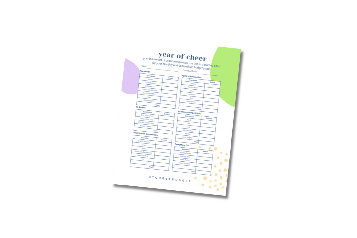 Cheer Parent 1-Page Budget Planner | Digital Download