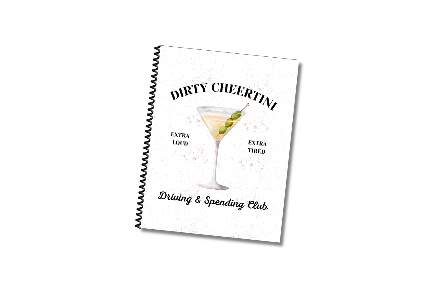 8.5 x 11 inch spiral bound undated planner for cheer moms with dirty martini theme 