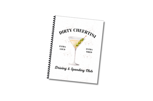 8.5 x 11 inch spiral bound undated planner for cheer moms with dirty martini theme 