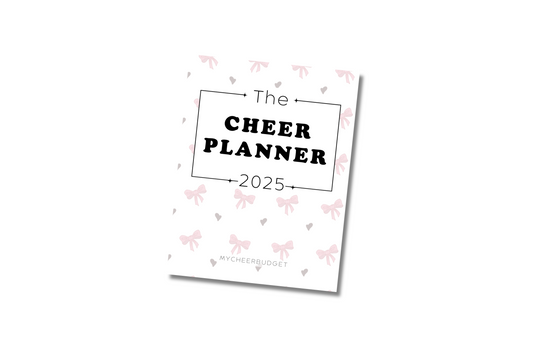 2025 Cheer Mom Planner with monthly calendars and budget pages, pink coquette bow cover, instant download printable