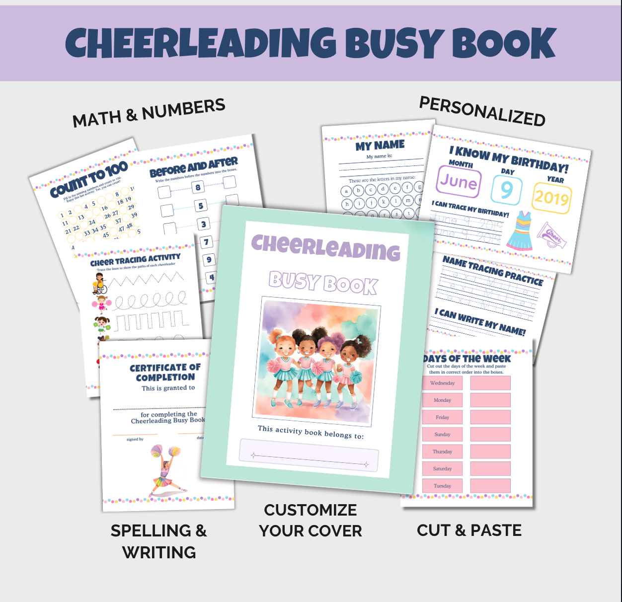 cheerleading themed busy book, printable quiet activity for Montessori toddlers and homeschool