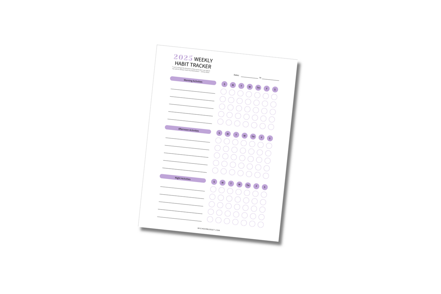 2025 Habit Tracker Digital Download featuring six pages of weekly, monthly, and yearly trackers in lavender and black-and-white formats, displayed on a clean background with sample habit entries