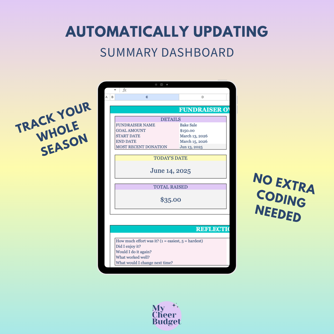 Printable Cheer Fundraising Tracker spreadsheet – organize fundraising goals, donations, and reflections in one place