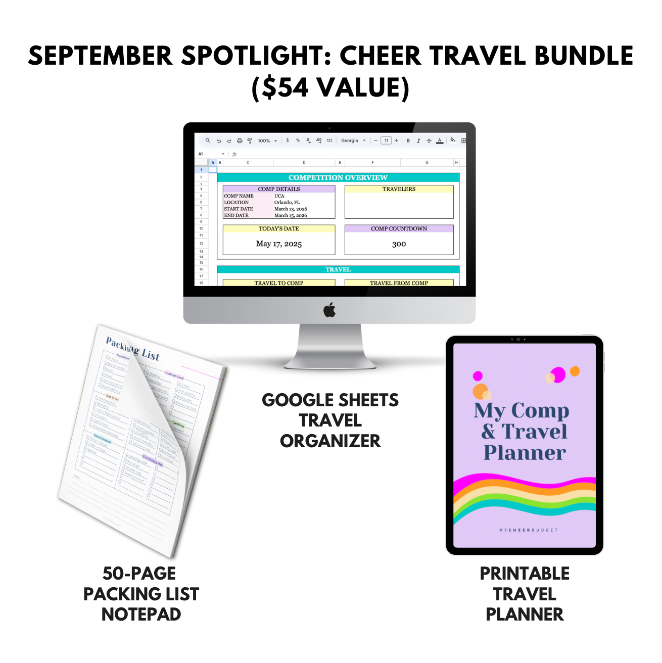 September Spotlight Cheer Travel Bundle with travel google sheet organizer, notepad, and printable planner 