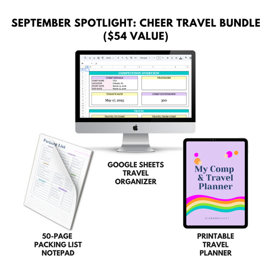 September Spotlight Cheer Travel Bundle with travel google sheet organizer, notepad, and printable planner 