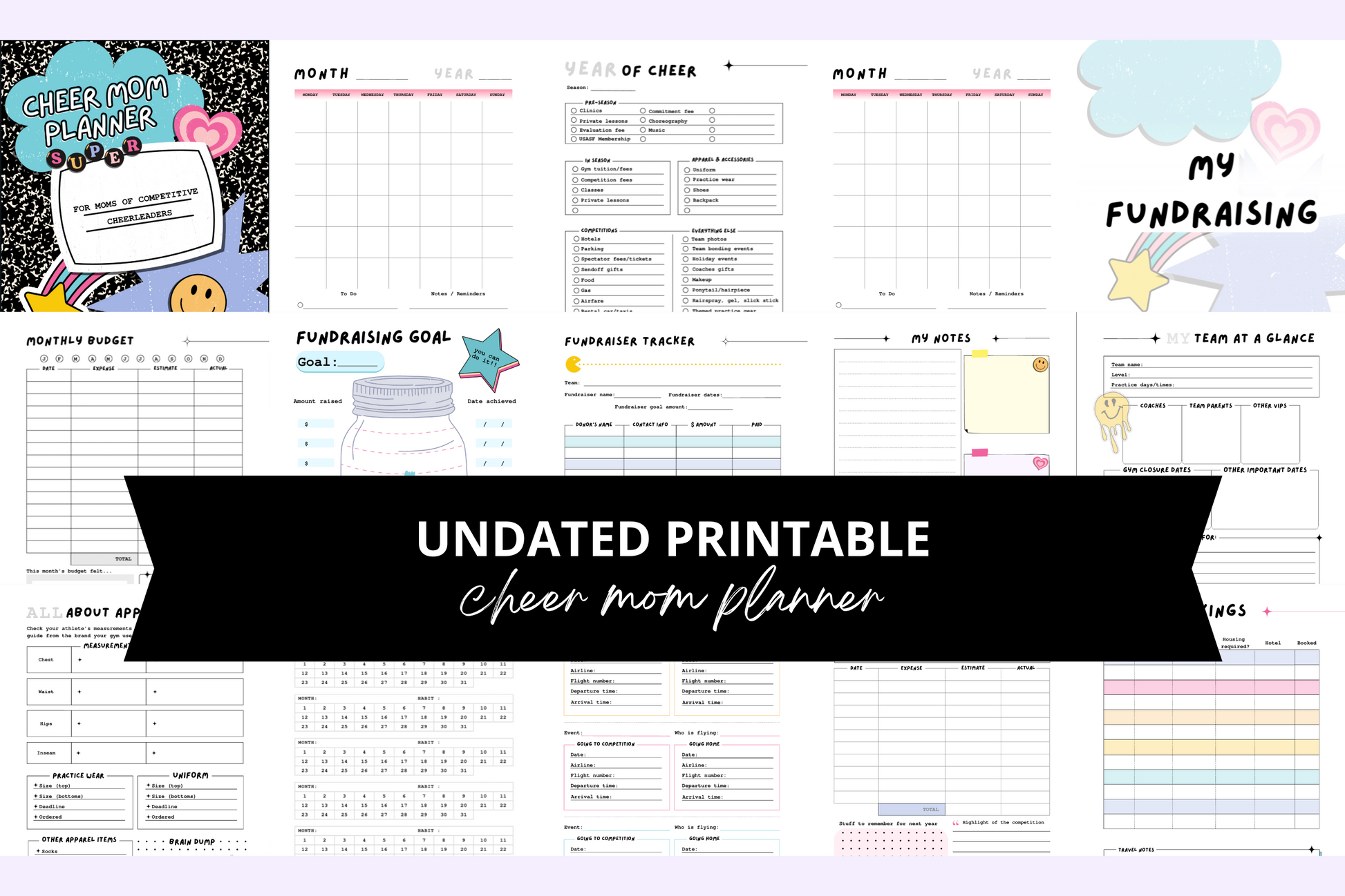 competitive cheer mom planner, printable undated monthly with budget tracking, fundraising, travel sections, and more