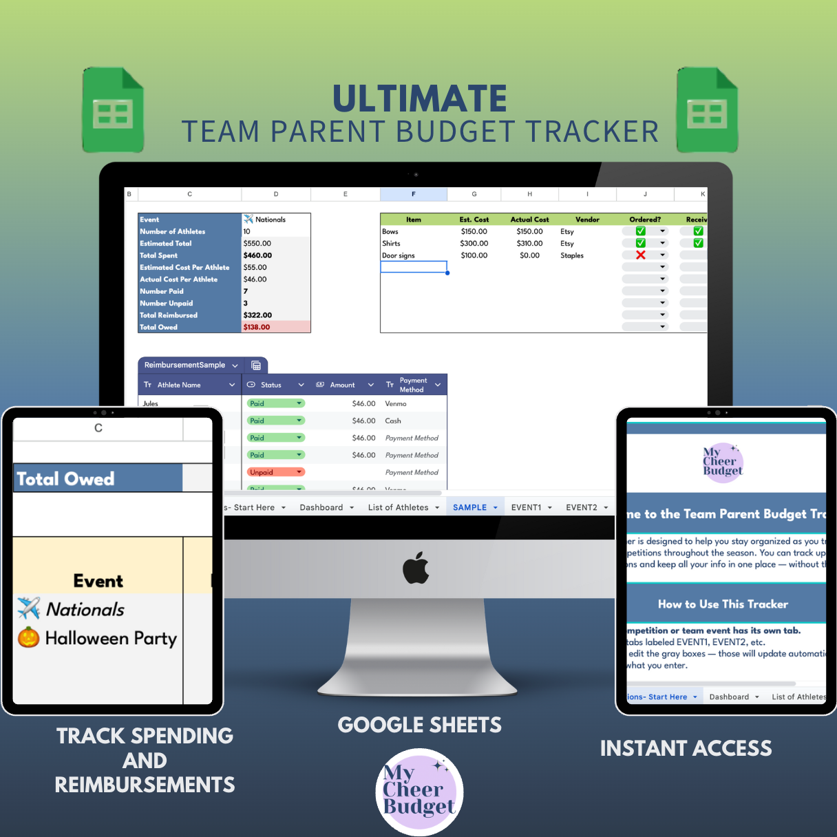 Team Parent Google Sheets spreadsheet for tracking cheer travel costs and reimbursements