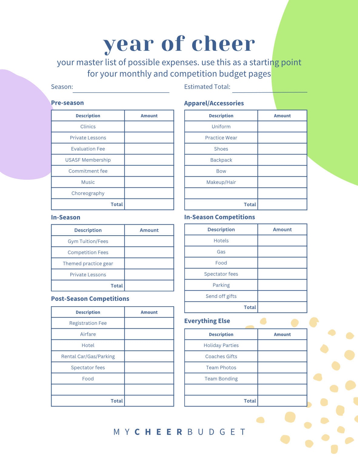 Cheer Parent 1-Page Budget Planner | Digital Download