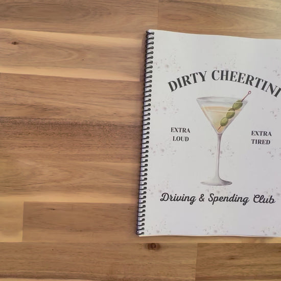 8.5 x 11 inch spiral bound undated planner for cheer moms with dirty martini theme 