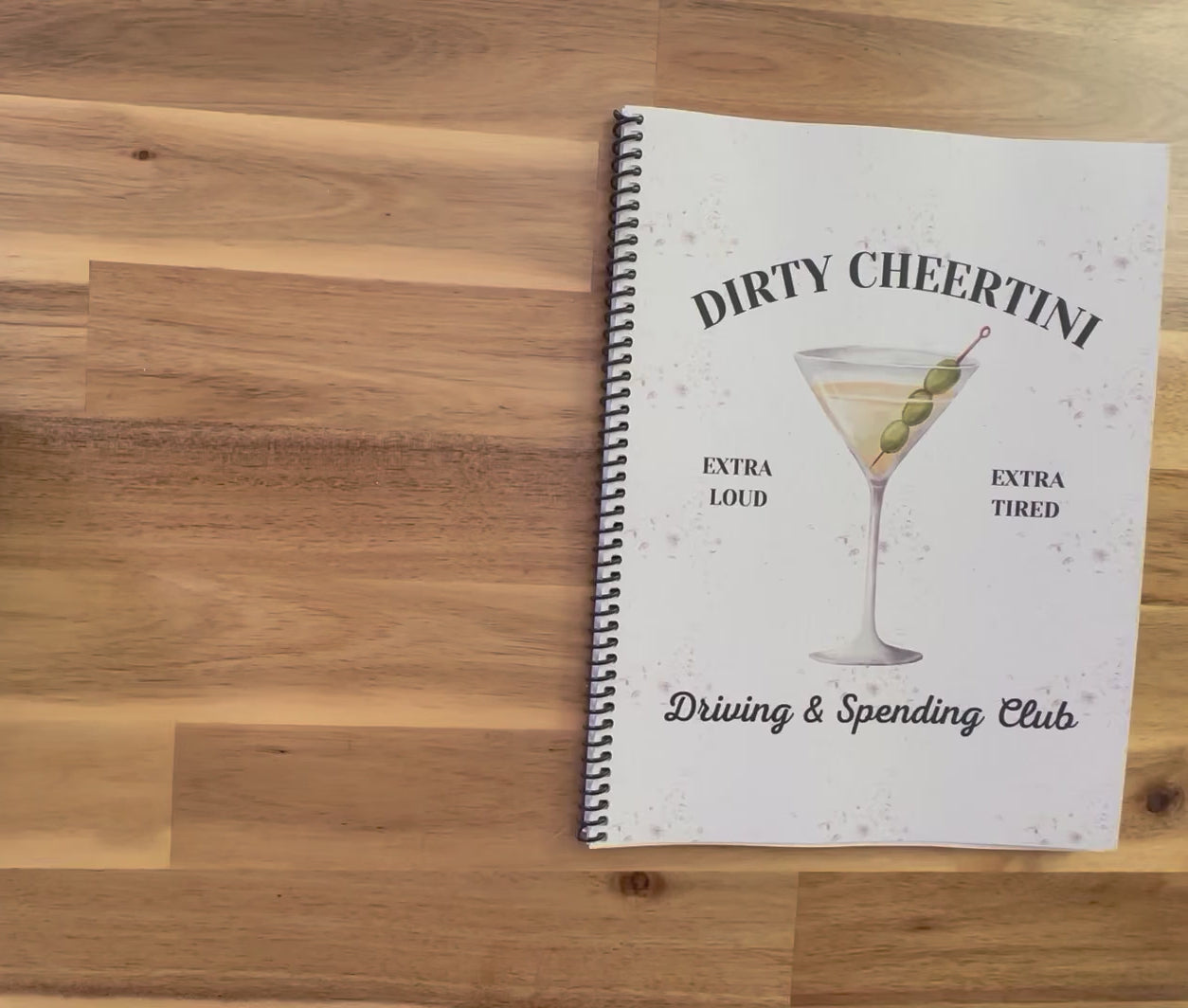 8.5 x 11 inch spiral bound undated planner for cheer moms with dirty martini theme 