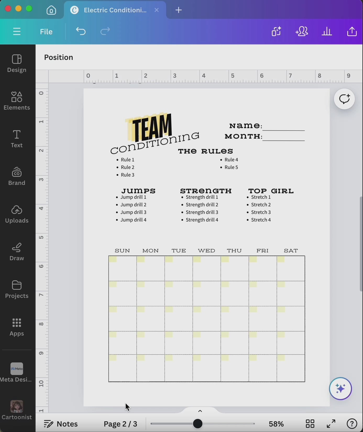 Cheerleading conditioning calendar template for Canva